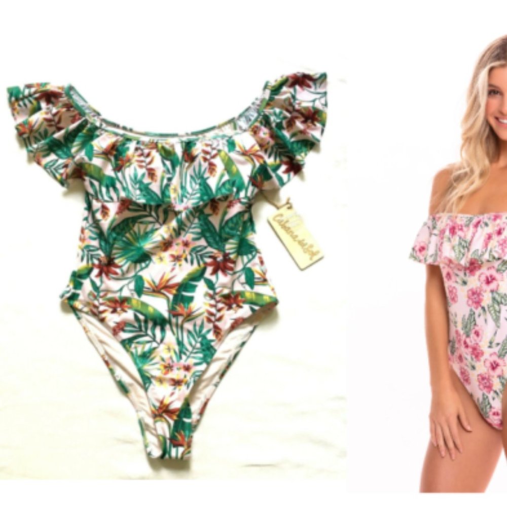 CABANA DEL SOL One Piece Off Shoulder Swimsuit Pink Tropical Bodysuit SMALL 4 6